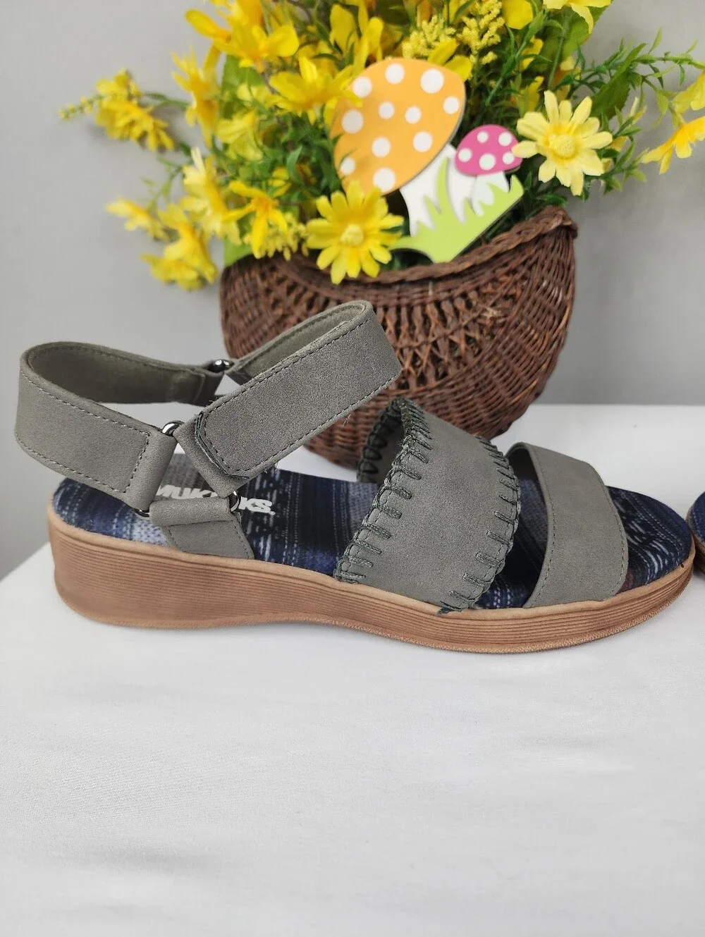 Muk Luks Sandals - Grey Blue With Velcro Strap Sz 10